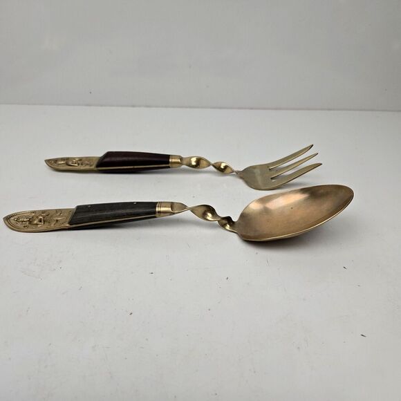 Vintage Large Serving Fork & Spoon Buddha Bronze Brass Rosewood Siam Thailand 10 - Picture 4 of 11